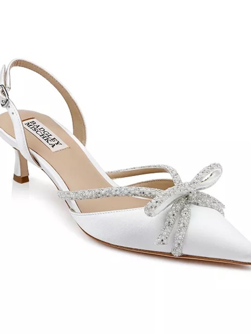 BRIDAL SHOES - Badgley Mischka White Crystal Bow Angelina Slingback Kitten Heels